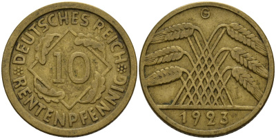 Германия 10 рентенпфеннигов 1923 G KM 33, J. 309 алюминиевая бронза 3336-546