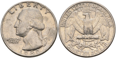 США 25 центов (квотер) 1980 D, Вашингтон KM A164a медь плакированная медно-никелем 4584-1123