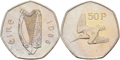 Ирландия 50 пенсов 1988 вальдшнеп KM 24 медно-никель UNC 4583-525