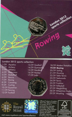 Великобритания 50 пенсов 2011 XXX летние Олимпийские игры в Лондоне в 2012 году, гребля в оригинальном картонном буклете, с Олимпийской голограммой KM 1172, Spink LO19 медно-никель UNC 3-6-5-17