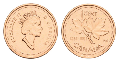 Канада 1 цент 1992 Елизавета II (1952-2022), кленовый лист, 125 лет Конфедерации Канада KM 204 бронза BU 4639-367