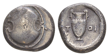 Беотия, Фивы статер 395-338 гг. до н.э. беотийский щит/ПТ ОI, амфора, 11,90 гр SNG Copenhagen 349 серебро 00-814-13