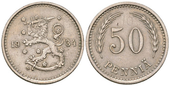 Финляндия 50 пенни 1934 S, редкий год, тираж 612.000 KM 26 медно-никель 4174-1041