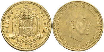 Испания 1 песета 1966 (74) Франсиско Франко (1939-1975) KM 796 алюминиевая бронза 192-824