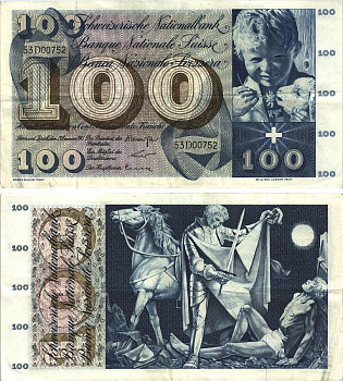 Швейцария 100 франков 1965 23 декабря 1965, серия 53 D, подпись 40 Pick 49 h бумага 8606-23-1-2