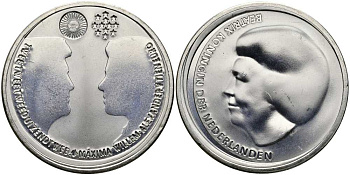 Нидерланды 10 евро 2002 королевская свадьба Виллема-Александра и принцессы Максимы KM 243 серебро UNC 650-1115