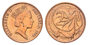 Австралия 2 цента 1989 Елизавета II (1952-2022), плащеносная ящерица KM 79 бронза UNC 4669-563