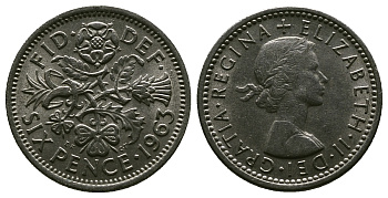 Великобритания 6 пенсов 1963 Елизавета II (1952-2022) KM 903, Spink 4149 медно-никель 4381-812