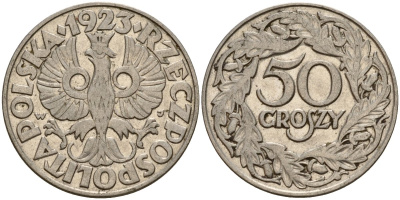Польша 50 грошей 1923 Республика KM 13, Parchimowicz 106 никель 4156-913