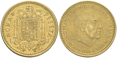 Испания 1 песета 1966 (74) Франсиско Франко (1939-1975) KM 796 алюминиевая бронза 192-824