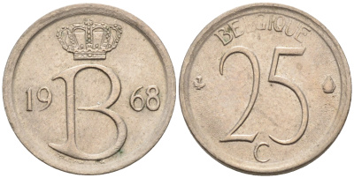 Бельгия 25 сантимов 1968 Belgique, Бодуэн I (1951-1993) KM 153.1 медно-никель 4564-138