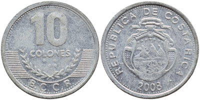 КОСТА-РИКА 10 КОЛОН 2008 B.C.C.R. KM 228b алюминий 51-2612