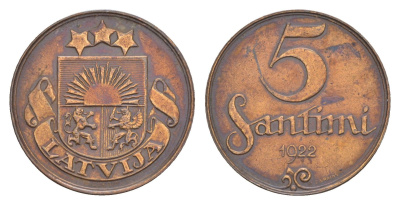 Латвия 5 сантимов 1922 KM 3 бронза 4658-1155