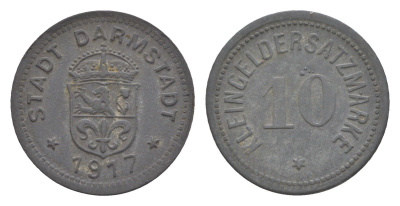 Дармштадт 10 пфеннигов 1917 Funck 88.1A, Men05 4934.1, Men18 6167.1 цинк 4636-1216