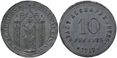 Ашаффенбург (Бавария) 10 пфенингов 1917 Funck 23.2A, Men05 792.4, Men18 1074.4 цинк 4525-1057
