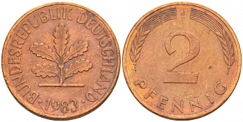 ФРГ 2 ПФЕННИГА 1983 J KM 106a, J.381a сталь плакированная сталь плакированная медьюю 4396-1615