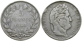 Франция 5 франков 1845 K, Луи Филипп I (1830-1848) KM 749.7 серебро 4386-231