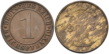 Германия 1 рейхспфенниг 1931 E KM 37, J.313, Weege 2 медь 4585-622
