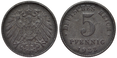 Германия 5 пфеннигов 1922 D KM 19, J. 297, Weege 5 железо 4118-1141