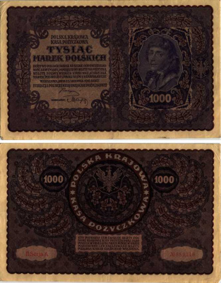 ПОЛЬША 1000 МАРОК 1919 23 АВГУСТА 1919, ТРЕТИЙ ВЫПУСК, ПОРТРЕТ КОСТЮШКО Pick 29 бумага VF 8607-22-1