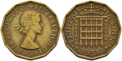 Великобритания 3 пенса 1958 Елизавета II (1952-2022) KM 900, Spink 4153 никель латунь 4153-736