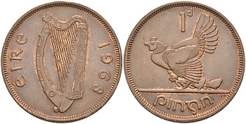 Ирландия 1 пенни 1968 курица с цыплятами KM 11 бронза 88-845