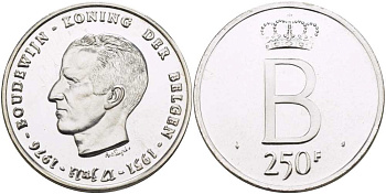 Бельгия 250 франков 1976 25 лет правления Бодуэна I,  der Belgen KM 158.2 серебро PROOFLIKE 11-203-13