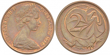 АВСТРАЛИЯ 2 ЦЕНТА 1982 ЕЛИЗАВЕТА II, МОЛОДОЙ ПОРТРЕТ, ПЛАЩЕНОСНАЯ ЯЩЕРИЦА (FRILLED LIZARD) KM 63 бронза 4539-946