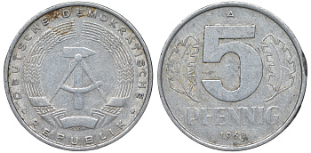 ГДР 5 ПФЕННИГОВ 1968 A KM 9.1 алюминий 62-155