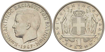 ГРЕЦИЯ 1 ДРАХМА 1967 КОНСТАНТИН II (1964-1973) KM 89 медно-никель UNC 28-1215