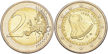 Словакия 2 евро 2009 20 лет Бархатной Революции, колокол KM 107 биметалл UNC 4185-736