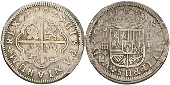 Испания 2 реала 1722 Филипп V (1700-1746) KM 297, Cal. 956 серебро 06-256-44