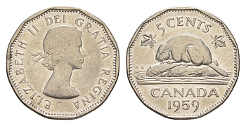 Канада 5 центов 1959 Елизавета II (1952-2022), бобр KM 50a никель 4636-561