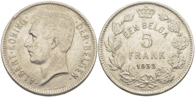 БЕЛЬГИЯ 5 ФРАНКОВ 1932 BELGEN KM 98 никель 114-835