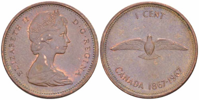 КАНАДА 1 ЦЕНТ 1967 100 ЛЕТ КОНФЕДЕРАЦИИ, ЕЛИЗАВЕТА II KM 65 бронза 105-535