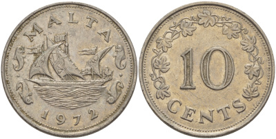 Мальта 10 центов 1972 баржа Великого магистра KM 11 медно-никель 82-314