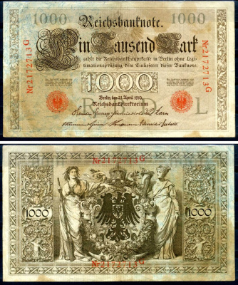 Германия 1000 марок 1910 21 апреля 1910, красная печать, номер семизначный, серия G, буква L, выпуск АПРЕЛЬ - ИЮЛЬ 1918 Pick 44 b бумага 2194-39-1-1