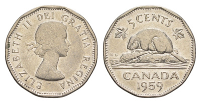 Канада 5 центов 1959 Елизавета II (1952-2022), бобр KM 50a никель 4636-561