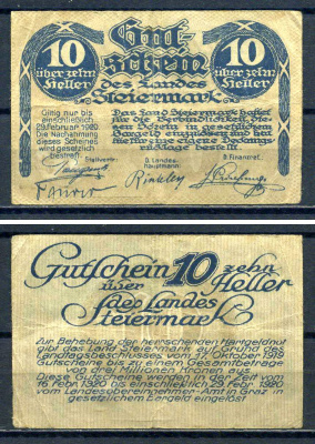 Штирия (Австрия) 10 геллеров 1920 Pick S135, KK 1014a бумага 7556-28-1-1