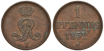 Ганновер 1 пфенниг 1852 B, Георг V, год тип KM 216, AKS 154, J. 82 медь 4594-532