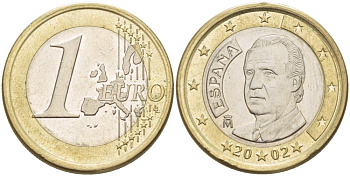 ИСПАНИЯ 1 ЕВРО 2002 ХУАН КАРЛОС I KM 1046 биметалл 4543-255