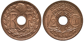 Французский Индокитай 1/2 цента 1938 а KM 20 бронза UNC 4556-112