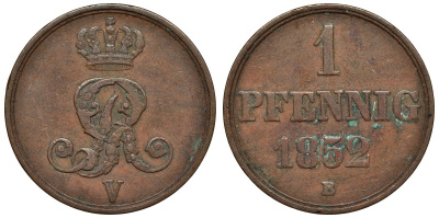Ганновер 1 пфенниг 1852 B, Георг V, год тип KM 216, AKS 154, J. 82 медь 4594-532