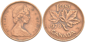 Канада 1 цент 1978 Елизавета II (1952-2022), кленовый лист KM 59.1 бронза 188-756