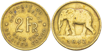 Бельгийское Конго 2 франка 1947 слон KM 28 латунь 4541-1027