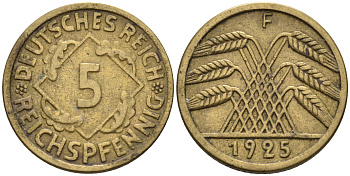 Германия 5 рейхспфеннигов 1925 F KM 39, J. 316 алюминиевая бронза    4594-1119