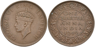 Британская Индия 1/4 анна 1942 Георг VI (1937-1952) KM 531 бронза 4584-225
