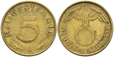 Германия 5 рейхспфеннигов 1938 A KM 91, J. 363 алюминиевая бронза 4151-827