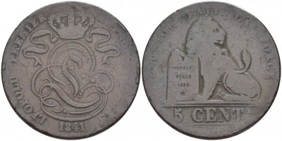 БЕЛЬГИЯ 5 САНТИМОВ 1841 BELGES KM 5.1 медь 110-217