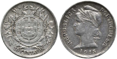 ПОРТУГАЛИЯ 10 СЕНТАВО 1915 РЕСПУБЛИКА, ПРОБА 835, ВЕС 2,49 ГР. КМ 563 серебро 201-1038